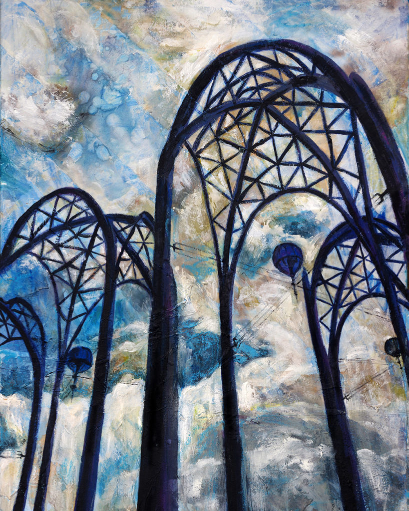 "Seattle Science Center Arches" Mixed media with acrylic and melted crayon (24" x 36) by Dano Carver. 