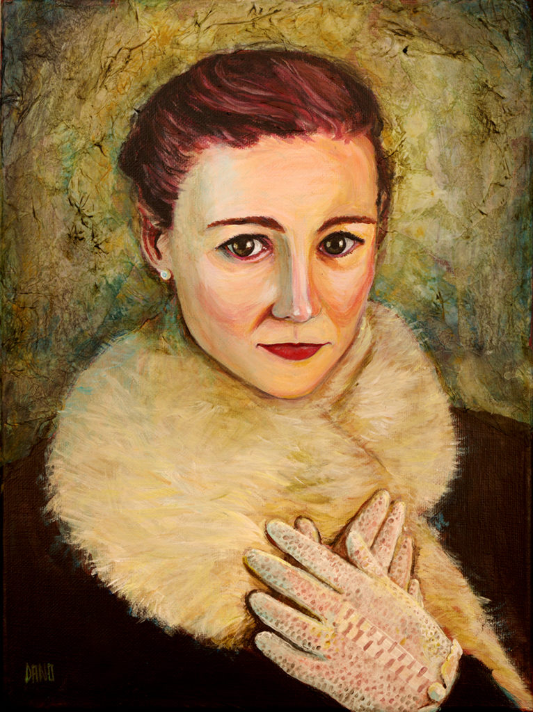 "Sarah in Fur and Lace Gloves" Acrylic painting on canvas (12" x 16") by artist Dano Carver.