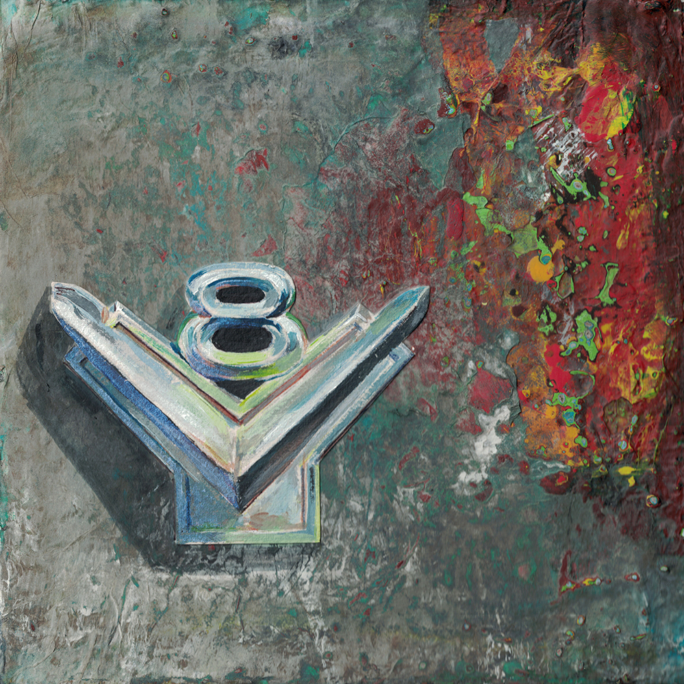 Painting by Dano Carver of a Vintage Ford V8 Emblem from 50s