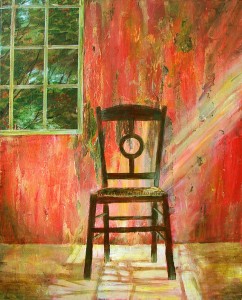 'Find a Seat #4' - Acrylic painting on canvas (16"w x 20"h). Artist: Daniel (Dano) Carver