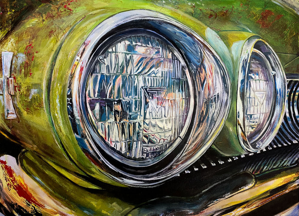 "Headlights (Green 1960 Buick Electra 225)" Acrylic painting on canvas (24" x 18") by artist Daniel (Dano) Carver