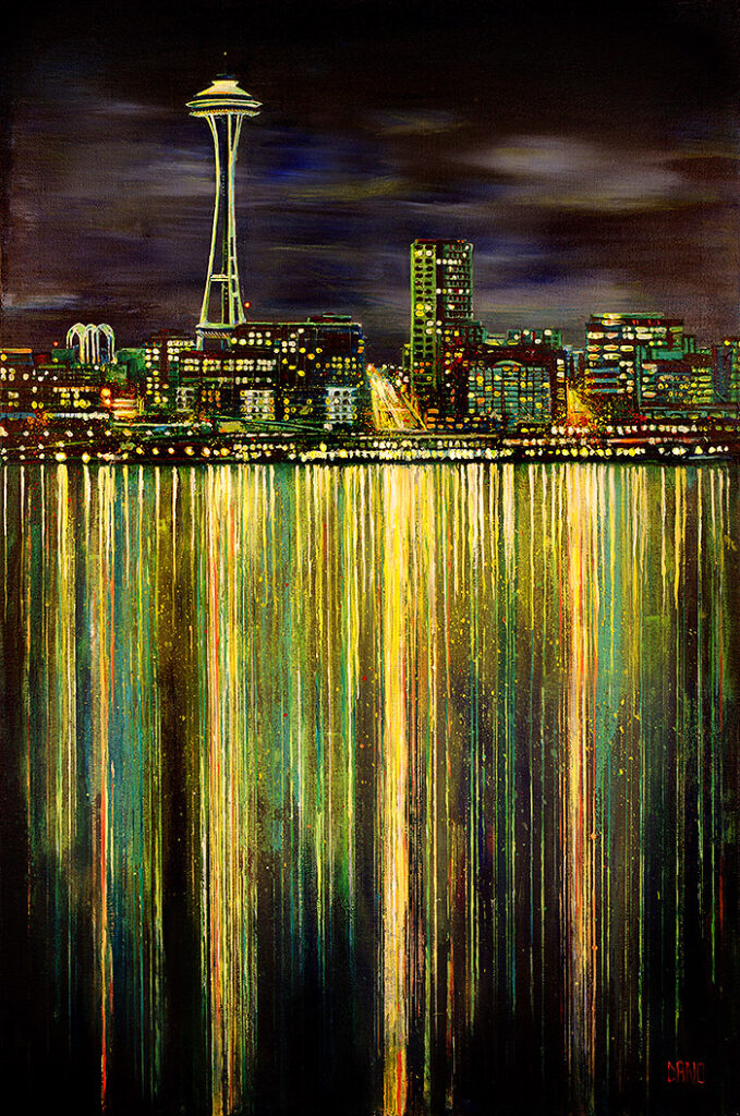 "Seattle Night Skyline #3" Acrylic painting on canvas (24" x 36") by artist Daniel (Dano) Carver