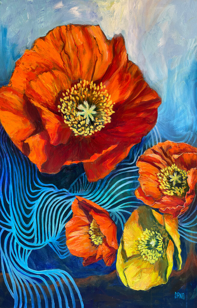 Painting by Dano Carver titled "Modern Orange and Yellow Poppies Floral No. 1"