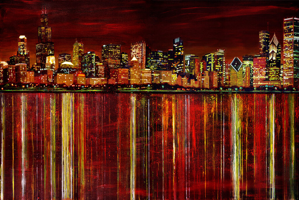 "Chicago Night Skyline #1 & #2" Acrylic painting on canvas by Dano Carver
